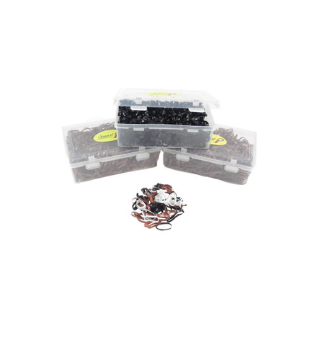 Silicone plaiting bands in a handy plastic box with a flip and clip lid. Available in black, white and brown.